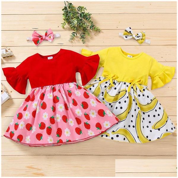 Robes de fille de voiture DVR Vêtements pour filles Tenues d'été pour bébés Tenues d'été pour bébé fille imprimé de fruits col rond robe à manches évasées ajouter un bandeau avec nœud papillon D Dhhfs