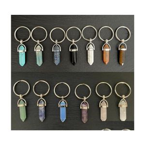 Auto DVR Keychains Lanyards Natural Stone Hexagonal Prism Key Rings Haling Pink Crystal Car Decor Chain Keyholder For Women Men Men Sieraden Dr Dhat9