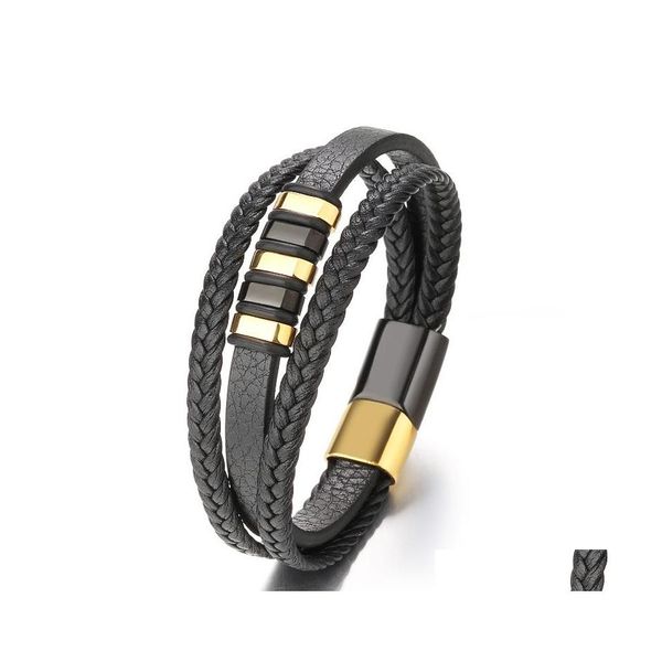 voiture dvr Lien Chaîne À La Main Mtilayer Bracelets En Cuir Tressé Pour Hommes Lien Brin De Mode Fermoir Magnétique Cordon Noir Vintage Poignet Bande Rop Dhcce