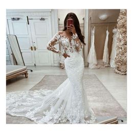 coche dvr Sirena Vestidos de novia Elegantes mangas largas Encaje Boho Sheer Tle Apliques Blanco Marfil Vestidos de novia por encargo con botones Ered Dro Dheky