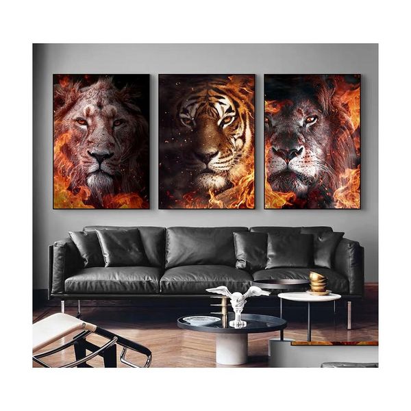 Voiture DVR Peintures Abstrait Animal Lion Tigre Léopard Loup Avec Flammes Affiches Et Impressions Toile Mur Art Photos Pour Salon Décor À La Maison Dhwbn