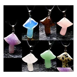 voiture dvr Pendentif Colliers 23X28Mm Sculpture Champignon Forme Reiki Guérison Cristal Oeil De Tigre Rose Quartz Opale Aventurines Collier Pour Les Femmes Juif Dhiok