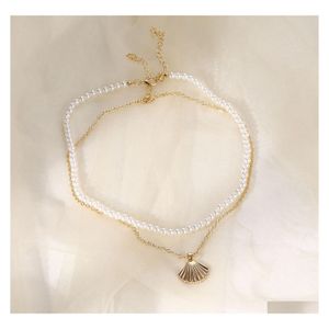 voiture dvr Pendentif Colliers Double Couche Perle Shell Collier Ras Du Cou Pour Les Femmes Bohême Vacances D'été Plage Pétoncle Océan Filles Bijoux Drop Dhekw