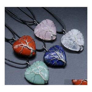 voiture dvr Pendentif Colliers Mode Sier Plaqué Coeur Arbre De Vie Collier En Cristal De Guérison Opale Turquoise Pierre Naturelle Quartz Rose Chakra Je Dhjga