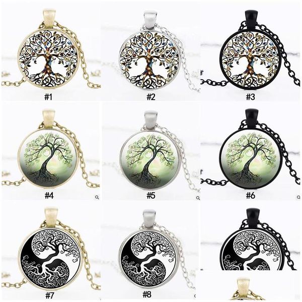 Coche Dvr Collares pendientes Moda Árbol de la vida Tiempo Gema Cabujón Encanto de cristal Sier Cadena de eslabones de bronce negro para mujeres Hombres S Joya de lujo Dhv65