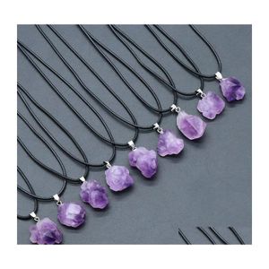 voiture dvr Pendentif Colliers Irregar Naturel Améthyste Pierre Brute Violet Druzy Druze Charmes Corde Noire Chaîne Collier Pour Femmes Hommes Drop Delive Dhyao