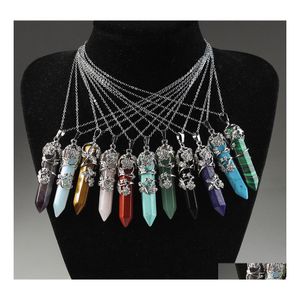 Auto DVR Hanger Kettingen Natuurlijke genezing Stone Crystal Pendum Ketting Roze Rose Quartz Chakras Zhexagon Prism Bladbloem voor geschenk sieraden Dhkba