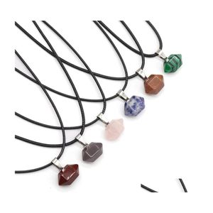 Auto DVR Hanger Kettingen Natuurlijke stenen Zhexagonaal Tiger Eye Turquoise Opal Quartz Crystal voor vrouwen Reiki Heal Pendum Charms Leather Touw Dr. Dhouh