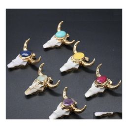 voiture dvr Pendentif Colliers Ox Vache Tête Forme Pierre Chakela Pave Sept Chakras Reiki Guérison Chakra Rose Cristal De Quartz Pendo Charmes Collier Dhcko