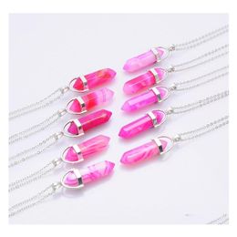 Auto DVR Hanger Kettingen Paarse blauwe roze roze streep Agaat Hangers Stone Pilaarvorm Charms Point Chakra ketting voor vrouwen mannen Groothandel Dhjrv