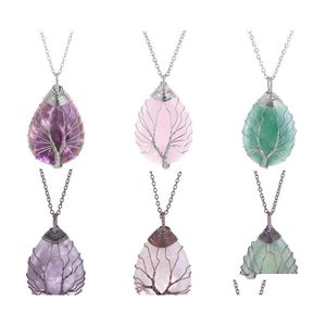 Auto DVR Hanger Kettingen Draad Wrapped Tree of Life Chakra Waterdrop Healing Crystal Energy Stone Quartz Fashion Women Men Sieraden Groothandel DHK8r