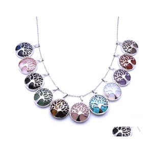 Auto DVR Hanger Kettingen Women Men Boom van het leven Charme Ronde Quartz Crystal Healing Stones Ketting Amethists Tiger Eye Lapis Lazi Opal Drop Dhzzj