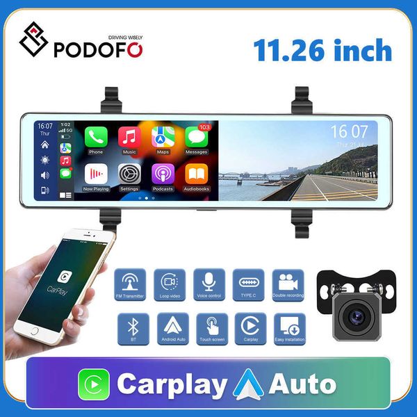 Coche dvr Podofo 1126 pulgadas CarPlay Mirror Grabación de video Android Auto Conexión inalámbrica WiFi GPS Navegación Tablero DVRsHKD230701