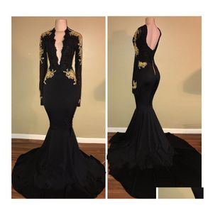 coche dvr Vestidos de baile Negro Profundo cuello en V Manga larga Apliques de encaje Con cuentas Espalda baja Barrido Tren Vestidos de noche Fiesta formal Entrega de la gota Weddi Dh3Ij