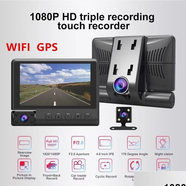 Coche Dvr S2 Wifi 4 pulgadas FL HD 1080P 3 lentes Grabadora de video Dash Cam Gps Smart G-Sensor Cámara trasera 170 grados Gran angular Tra Resolutio Dhoyz