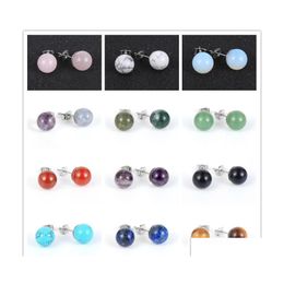 Car DVR Stud 10mm Femmes Pierre Naturelle Perles Rondes Lapis Lazi Vert Tanglin Boucle D'oreille Oeil De Tigre Améthystes En Acier Inoxydable Bijoux D'oreille Goutte Deli Dhcbj