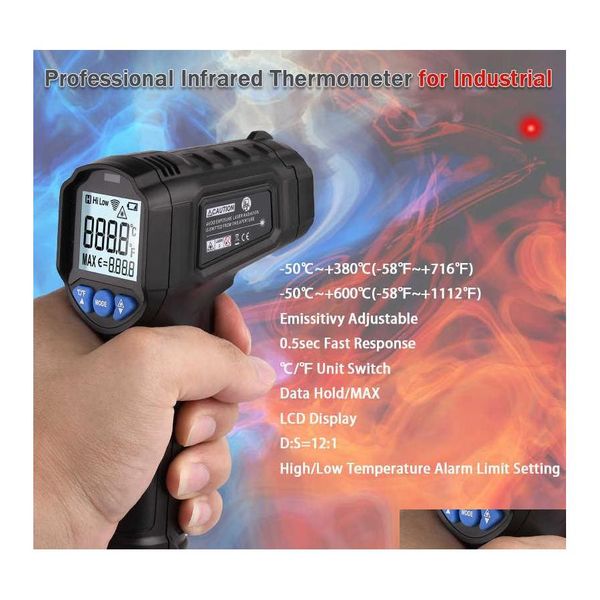 Coche DVR Instrumentos de temperatura Termómetro láser Pirómetro sin contacto Pistola infrarroja Medidor digital 600 LCD Termómetro / Alarma de luz 210719 Dr DH2NB