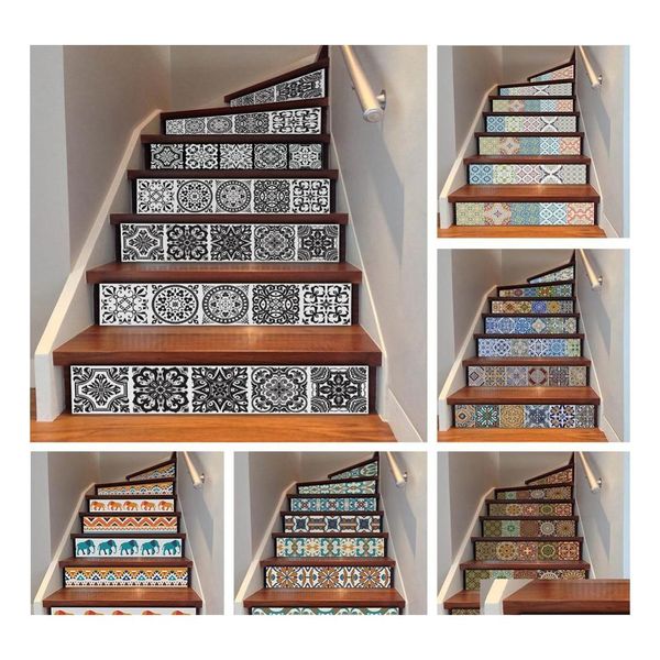 voiture dvr Stickers Muraux Yazi 6 Pcs Amovible Étape Autocollant Escalier Autocollant Carreaux De Céramique Pvc Escalier Papier Peint Décalque Vinyle Escalier Décor 18X1 Dh0De