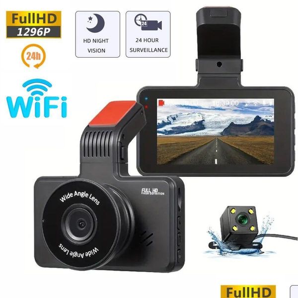 Car Dvrs Car Dvr Dvrs Dash Cam 24H HD 1296P Cámara Grabadora de video de doble lente Black Box Cycle Dashcam con Wifi G-Sensor Videocámara nocturna Dho4N