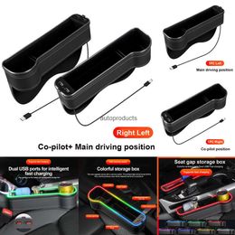 Electrónica para automóvil LED colorido Carga USB Caja de almacenamiento para hendiduras de asiento de automóvil Organizador de bolsillo con hendidura para asiento Cargador rápido USB dual Portavasos para teléfono
