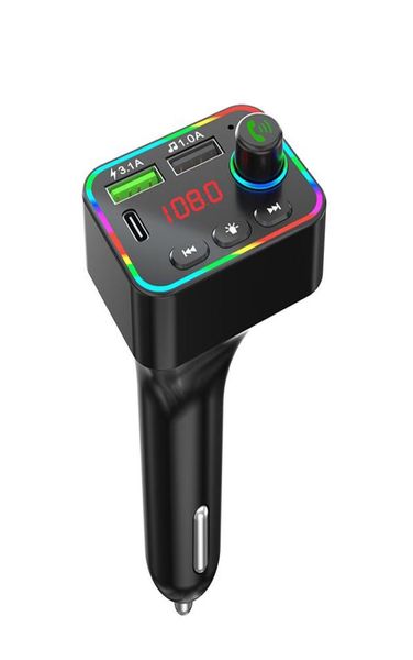 Chargeur de voiture F4 Transmetteur FM Double USB Charge rapide Ports PD Mains libres Récepteur audio Lecteur MP3 Lumières d'ambiance colorées avec boîte de vente au détail8474957