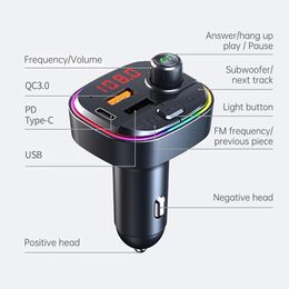 Trasmettitore FM per auto Bluetooth 5.0 Kit per auto wireless 18W PD QC3.0 Caricatore rapido con lettore MP3 Retroilluminazione RGB colorata Auto