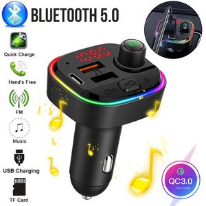 Auto FM-zender Bluetooth 5.0 Draadloze Car Kit 18 W PD QC3.0 Snelle oplader met MP3-speler Kleurrijke RGB Achtergrondverlichting Auto Opladen