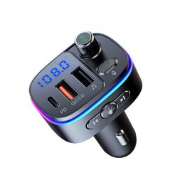 Transmetteur FM de voiture, chargeurs de batterie de véhicule compatibles Bluetooth 5.0, lecteur Mp3 mains libres PD Type C QC3.0 USB, Charge rapide, accessoires de lumière colorée T65