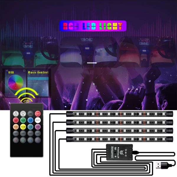 Bombillas decorativas para el suelo del pie del coche, luz de ambiente Interior, tira de luces LED RGB, Control remoto inalámbrico de música por USB, múltiples modos