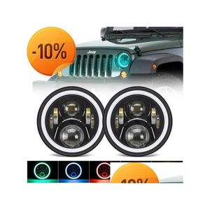 Phares de voiture 2pcs Halo 7 pouces rond phare LED RVB Bluetooth App contrôlé 7 pour Touring Fat Boy Jeep Wrangle JK LJ CJ TJ Drop Dhr5W