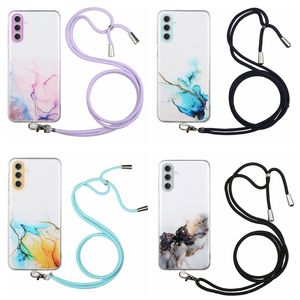 Étuis de téléphone en marbre pour Samsung S23 Ultra S22 Plus A14 A34 A54 5G A13 A73 A53 A33 Luxe Soft TPU Pierre de granit naturel Transparent Girls Mobile Cover avec bandoulière