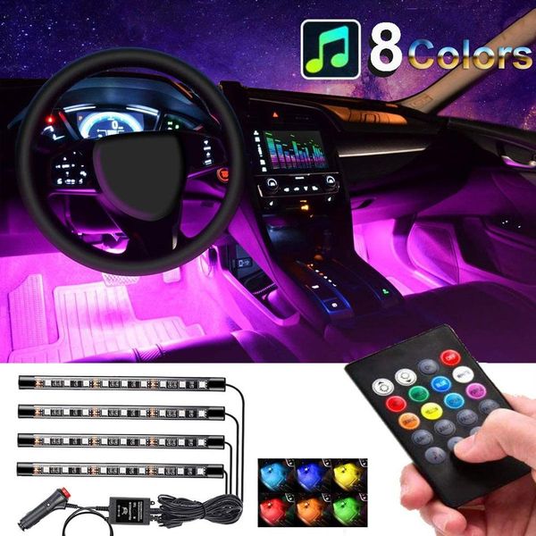 Luces interiores para coche, 4 Uds., lámpara de neón que brilla en la atmósfera del suelo, tira de música multicolor, iluminación decorativa para debajo del tablero, Kit256s