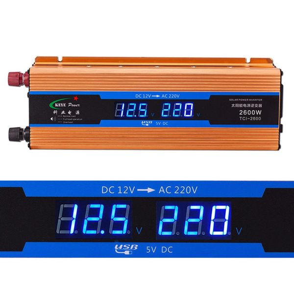 Inversor de coche 2600W dc 12V a ac 220V Pantalla digital Voltaje Modificado Onda sinusoidal Protección contra sobrecarga de energía CY901-CN