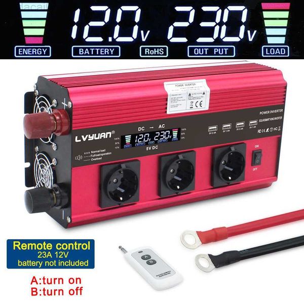 Arrancador de batería para coche, inversor de 5000W, CC 24V, 12V a CA 220V, 230V, suministro de convertidor, pantalla LCD de energía solar, 4USB, 4FAN con control remoto, 3AC, enchufe europeo, HKD230710