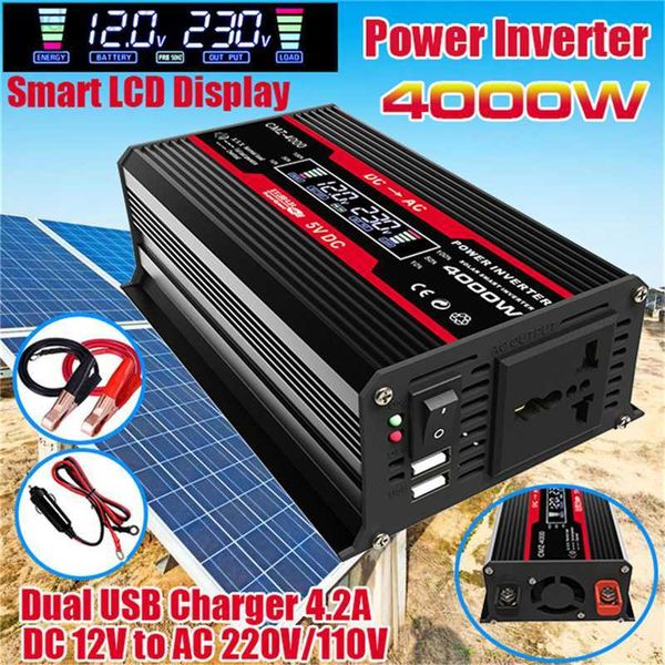 Démarreur de saut de voiture 4000W onduleur à onde sinusoïdale pure 12V DC à AC 220V 110V transformateur de tension convertisseur de prise de courant HKD230710