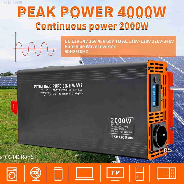 Démarreur de saut de voiture DATOUBOSS Onde sinusoïdale pure 4000W DC 12V 24V 36V 48V 60V 72V à AC 220V 240V Onduleur Puissance continue 2000W HKD230710