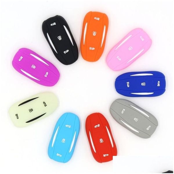 Clé de voiture 3 boutons Sile étui en caoutchouc Er peau ensemble protecteur Fob pour Tesla modèle S X3 Siles livraison directe mobiles motos intérieur A Dhiby