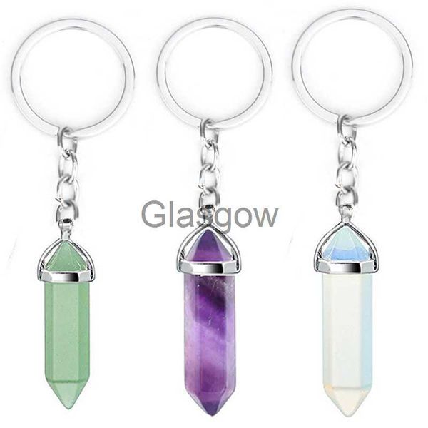 Clé de voiture pierre gemme naturelle porte-clés point hexagonal pendentif porte-clés pierre de guérison rose cristal de quartz opale pour bricolage porte-clés de voiture chaînes x0718