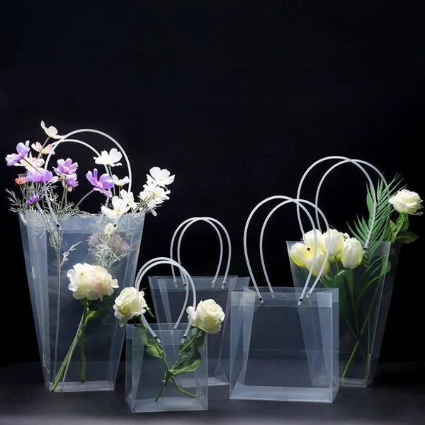 Sac cadeau de bouquet de fleurs transparent, sac à main de rangement en plastique trapézoïdal, sacs d'emballage en PVC, sacs à main de fête d'anniversaire et de vacances, grand emballage, fournitures d'emballage de magasin de fleuriste