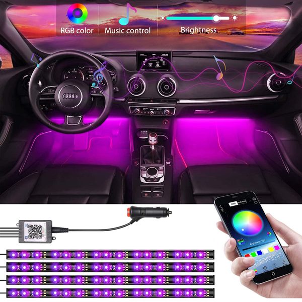 Tira de luces LED para coche, Control por aplicación, barra de luz de neón RGB con encendedor de cigarrillos, Sensor de música, decoración DIY para coche, luz de ambiente de 12V