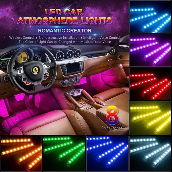 Tira de luces LED para coche, 4 Uds., 48 LED, ambiente Interior de música Multicolor, RGB SMD, estado de ánimo para TV Home-USB341Z