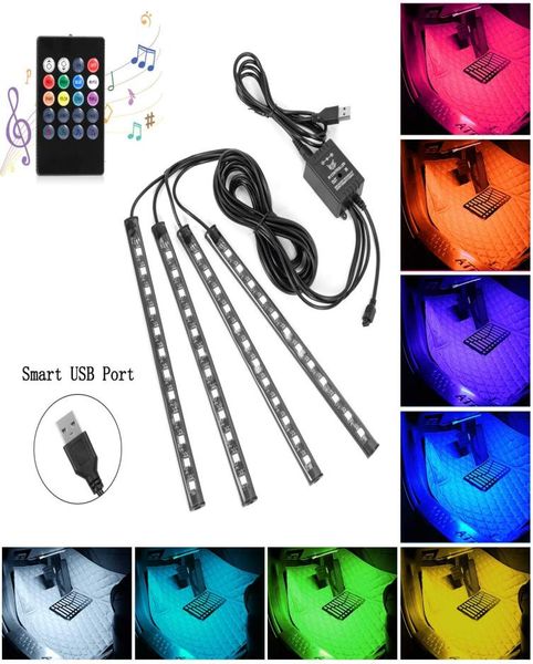 Luces de tira LED para automóvil 4 piezas 48 LED Luz interior USB Tiras de música multicolor Iluminación debajo del kit de lámpara del tablero con sonido activo Func5887977