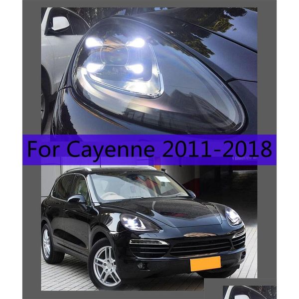 Conjunto de luces de coche Luces diurnas LED para faros Cayenne 2011-18 Porsche Drl Señal de giro Luz alta/baja Lente de proyector Angel Eye D Dhhda