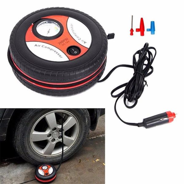 Voiture Mini Pompe Gonflable 260PSI DC12V Métal En Plastique Compresseur D'air Électrique Moniteur Pompe avec 3 Buse Adapters238D