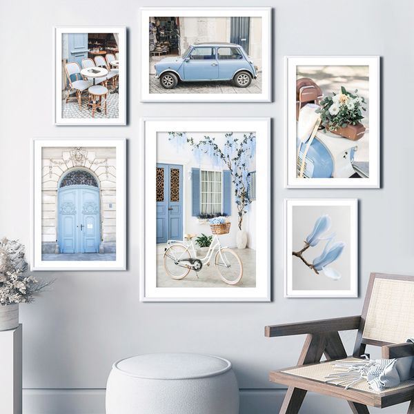 Motocicleta de automóviles magnolia hydregea puerta de bicicleta de arte azul claro de arte de pared pintura e impresiones imágenes de pared para decoración de la sala de estar