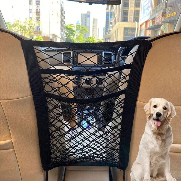 Organizador de coche de 3 capas de bolsillo de almacenamiento, bolso de mano, bolsas de malla de red, bolso de elasticidad de cuatro lados, barrera de seguridad para asiento trasero para mascotas y niños