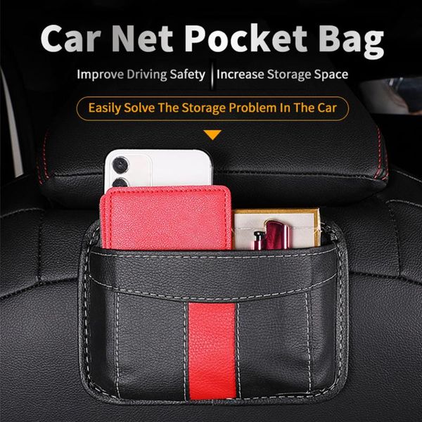 Sac de rangement en cuir pour siège arrière de voiture, sac de rangement avec adhésif, portefeuille pour téléphone portable, accessoires d'intérieur