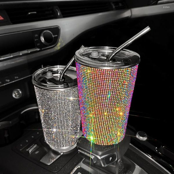 Organisateur de voiture Bling diamant mince paillettes bouteille d'eau en acier inoxydable tasse à café 500 ml paille strass pour les femmes maison bureau ornement