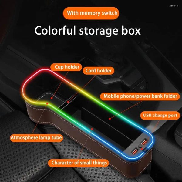 Organizador de coche Caja de almacenamiento de grietas con 2 cargadores USB LED colorido Espacio para asiento Hendidura Tarjeta de bolsillo Teléfono Botella Portavasos