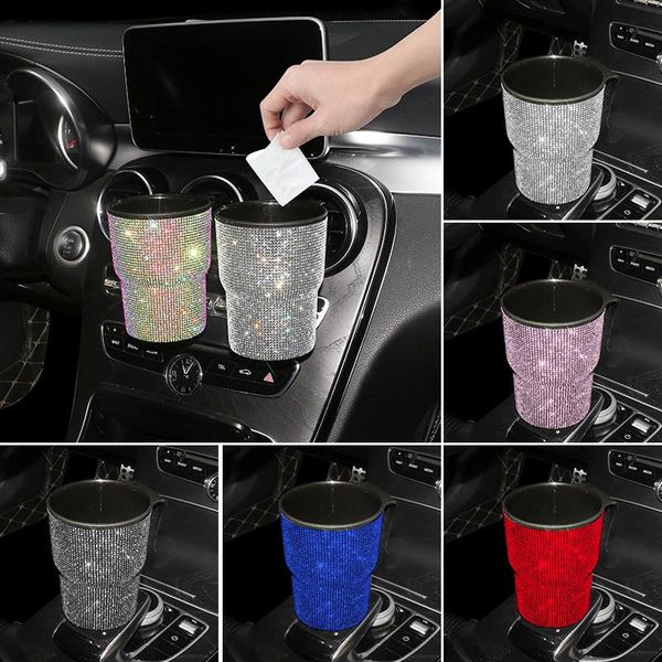 Organizador de coche cubo de basura de cristal caja de almacenamiento de caja de polvo de basura puede decoración accesorios ostentosos Interior para WomanCar